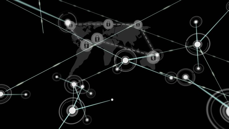Network of connections over network of security padlock icons against world map on black background