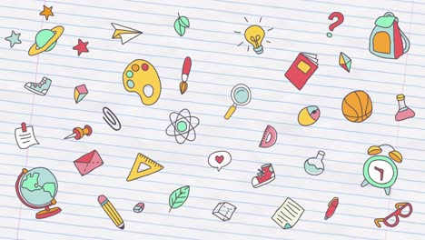 animation of school supplies and creative study materials on the background of a notebook sheet