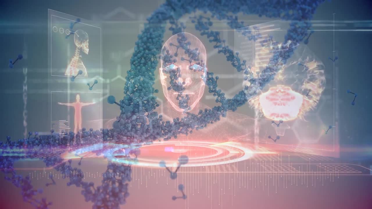 회전하는 dna 가닥의 애니메이션, 몸과 얼굴 다이어그램과 어두운 인터페이스의 데이터 처리