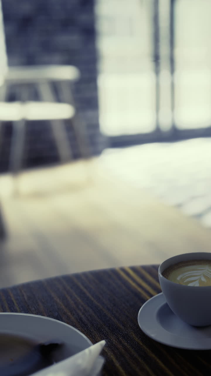 Café servido em uma mesa em um café iluminado durante a manhã.