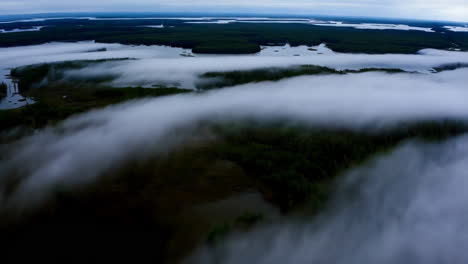 aerial view of misty forest and lakes