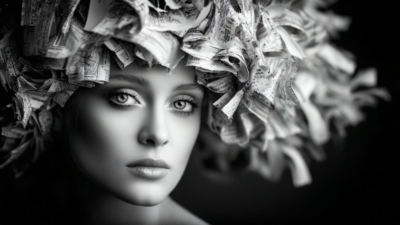A Captivating Close-up Portrait of a Model with a Unique Hairpiece Made from Textured Paper, Exuding Elegance and Artistic Flair in a Striking Black and White Composition