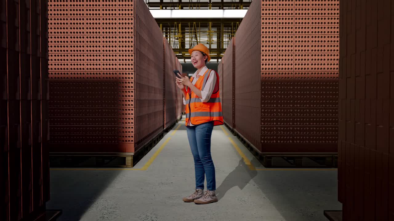 Full Body Side View Of Asian Female Engineer With Safety Helmet Using Smartphone And Looking Around While Standing With Red Brick Packed in Stacks Are Stored