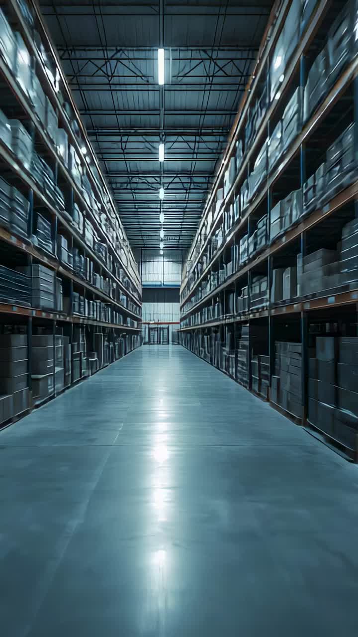 Vertical video: Starting camera push moving down central warehouse aisle, revealing metal racks