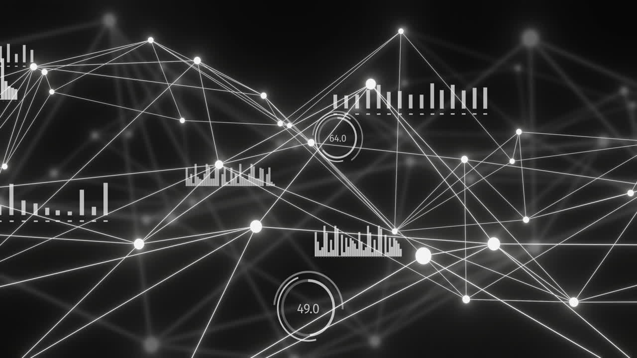 검은 바탕 위에 빛나는 노드와 연결 네트워크의 애니메이션