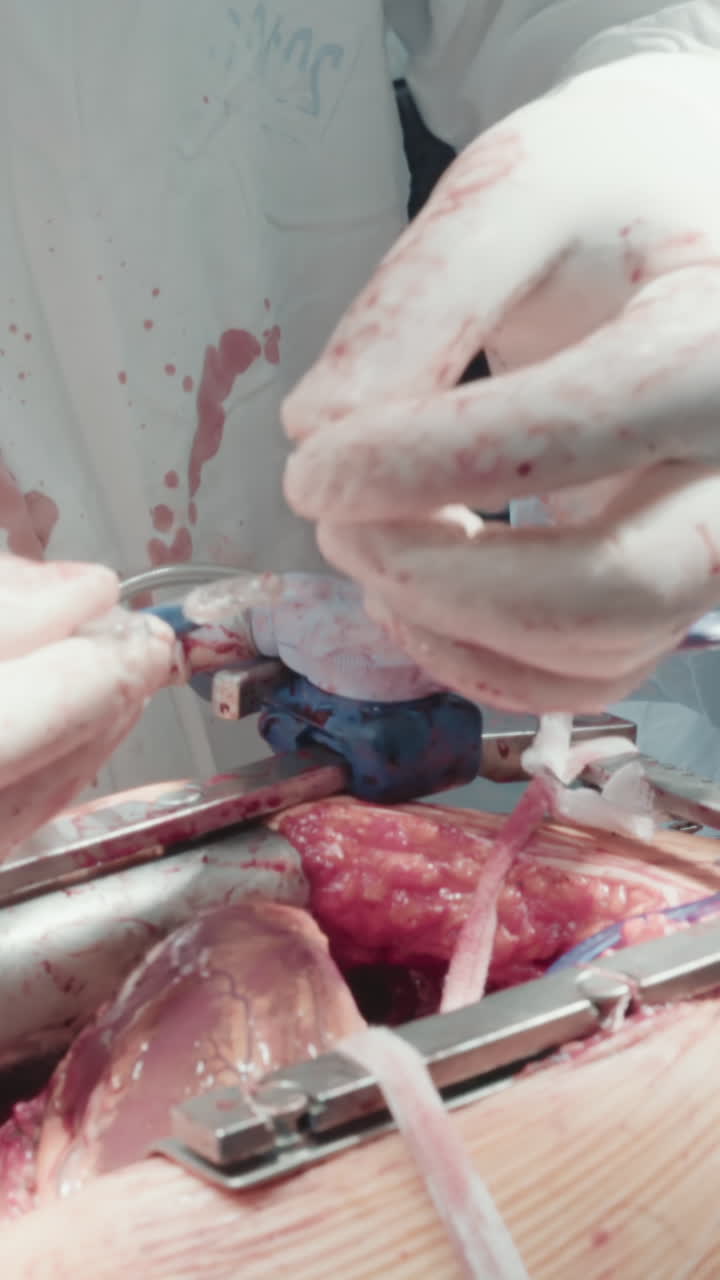 외과 의사는 안정화 장치를 사용합니다. 전문 장비는 관상 동맥 우회 이식 수술 중에 심장의 특정 영역의 움직임을 최소화합니다.