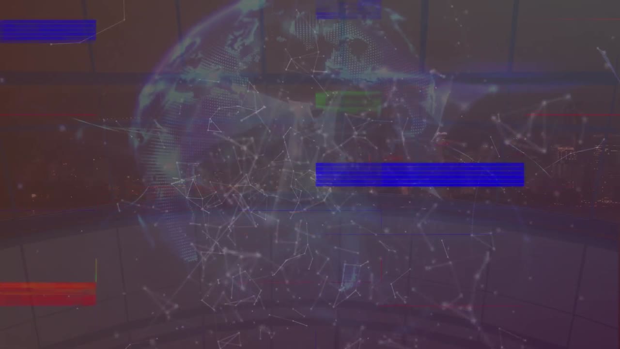 animación de la pantalla con glitch, globo y conexiones en fondo marino