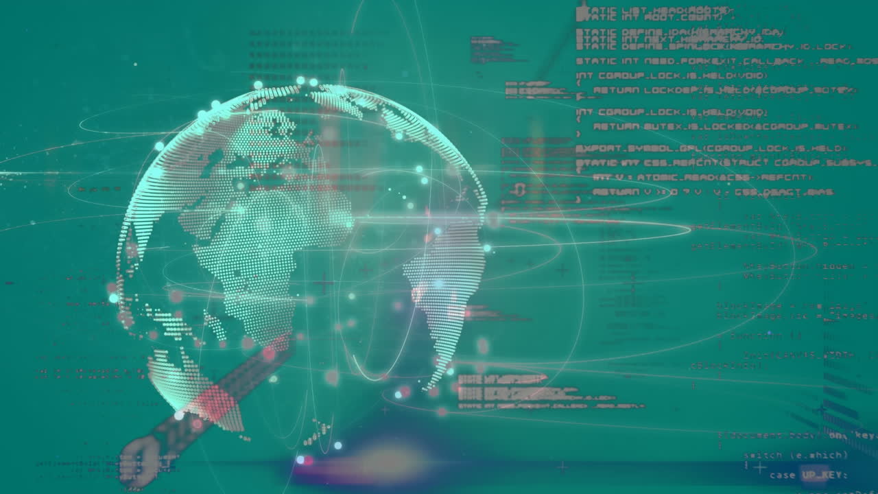 Animation of globe with network of connections and data processing