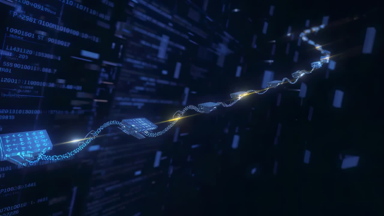 Entering male in light-blue tee turning to camera, CGI studio with data ribbon moving, copy space