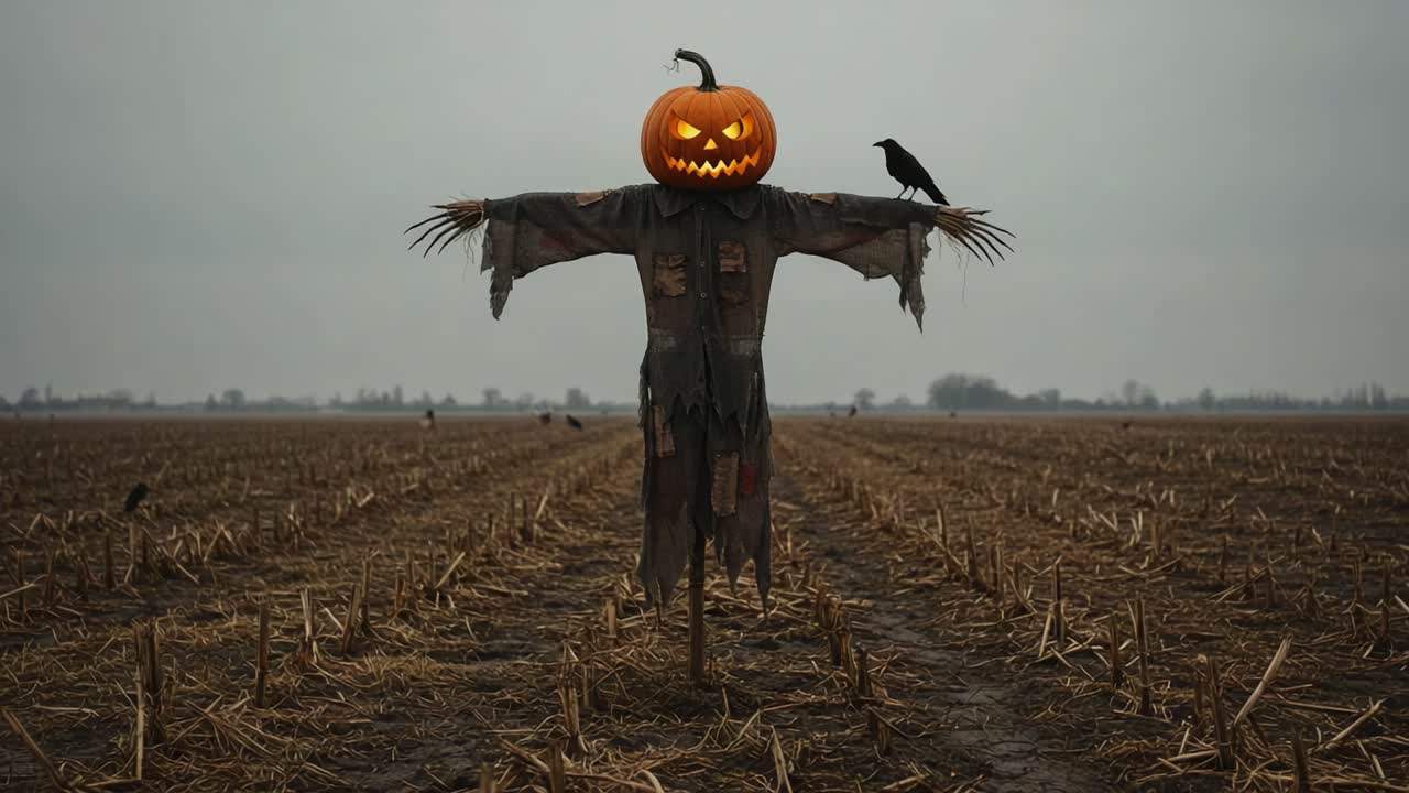 A Creepy Scarecrow with a Grinning Pumpkin Head Stands Guard Over a Gloomy, Foggy Field While a Crow Perches on Its Arm, Foreboding a Spooky Atmosphere