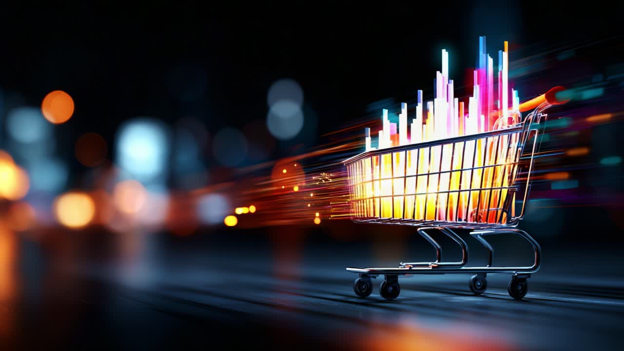 Dynamic Shopping Experience: A Modern Visualization of a Shopping Cart with Data Streams Representing Trends and Statistics in Retail Economy and Consumer Behavior