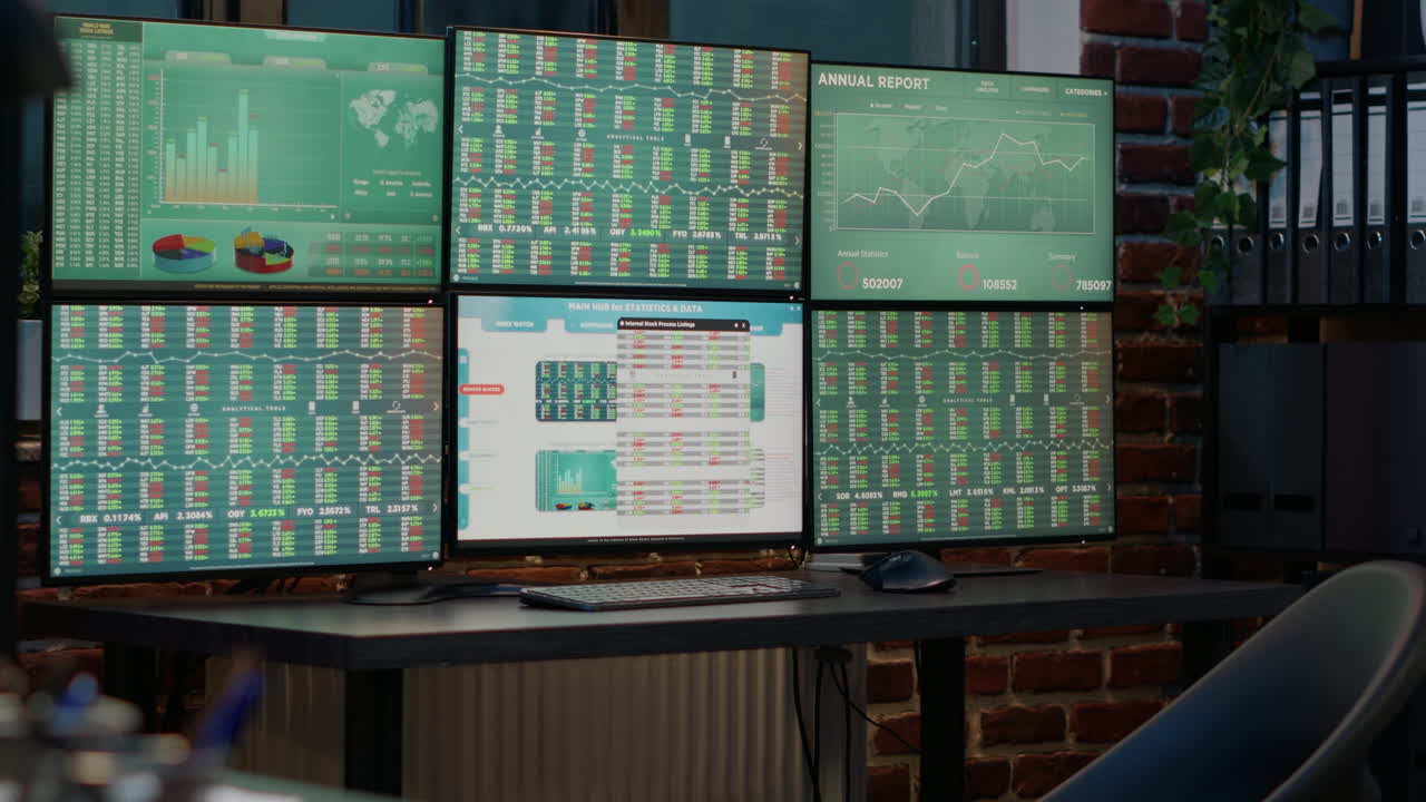 Empty multi monitors workstation with stock market statistics