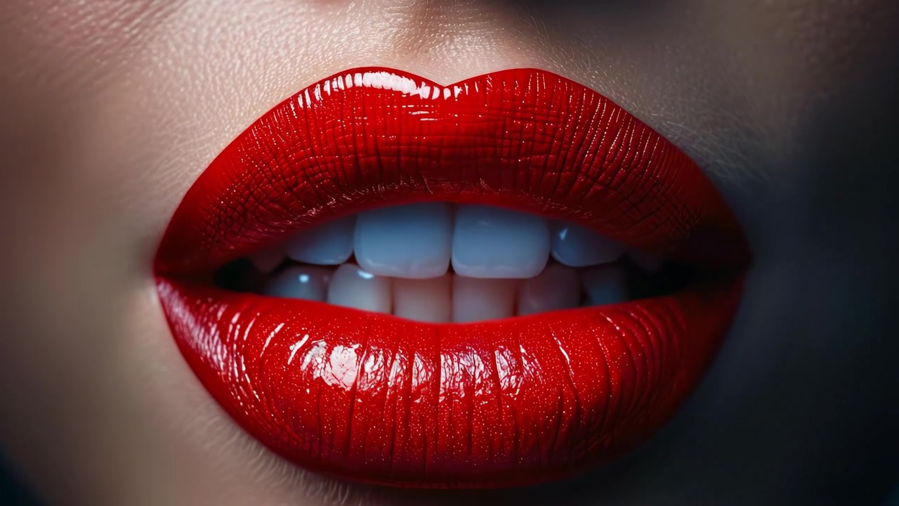 Vista macro simmetrica di labbra rosse piene e lucide. Scatto macro frontale di labbra umane piene con rossetto rosso lucido, leggermente dischiuse su uno sfondo scuro.