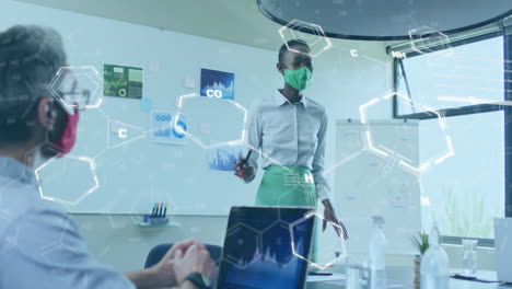 animation of chemical formula over diverse colleagues at meeting with face masks