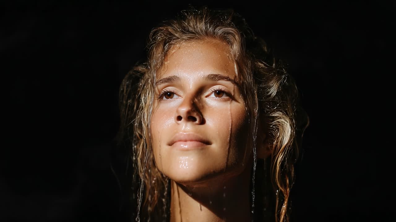 Un momento di serenità: catturare l'essenza tranquilla di una giovane donna immersa nell'acqua con lineamenti illuminati e un sorriso radioso