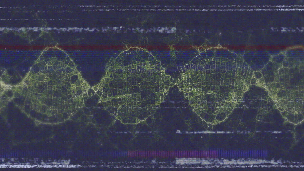 Animation of glowing DNA strand with digital network pattern on dark blue background