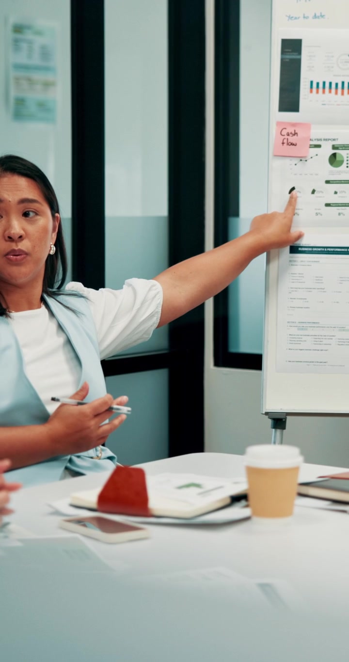 Businesswoman Presenting Financial Data on Whiteboard in Office Meeting