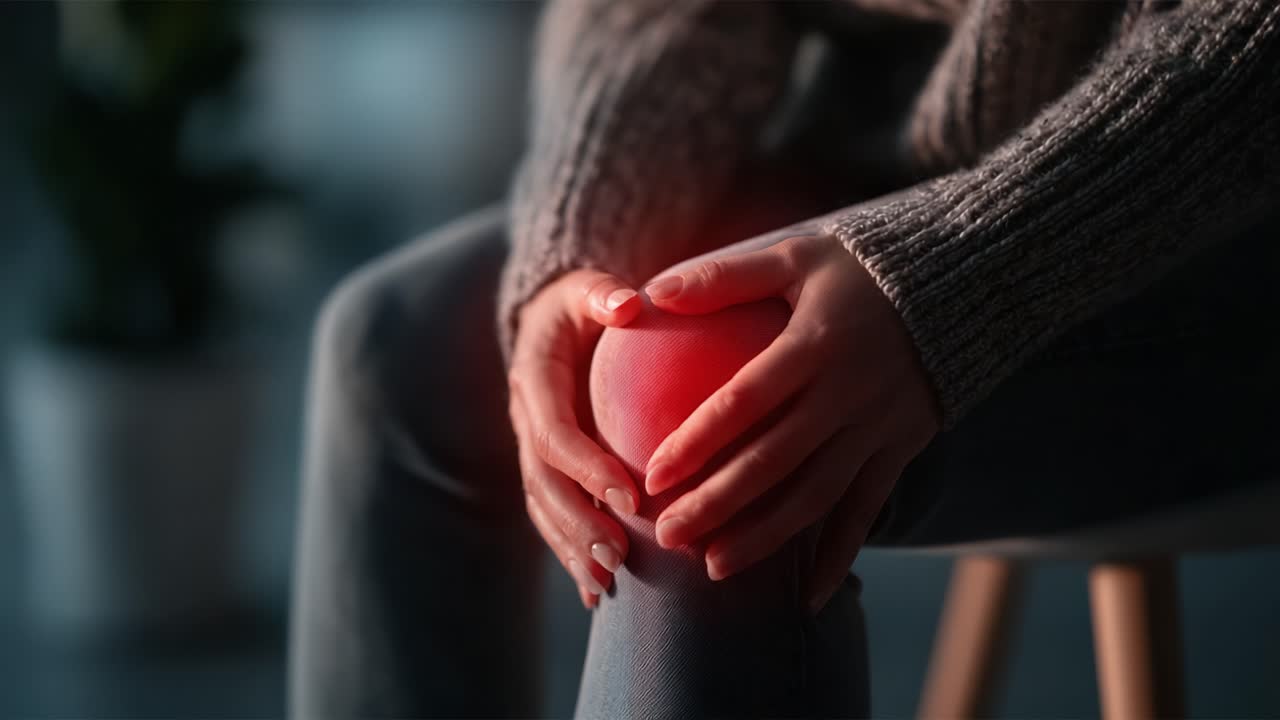 Eine Person, die sich vor Unbehagen an ihr Knie fasst und die Schwierigkeiten bei der Behandlung von Gelenkschmerzen widerspiegelt sowie die Suche nach Linderung durch Selbstpflege und Rehabilitation