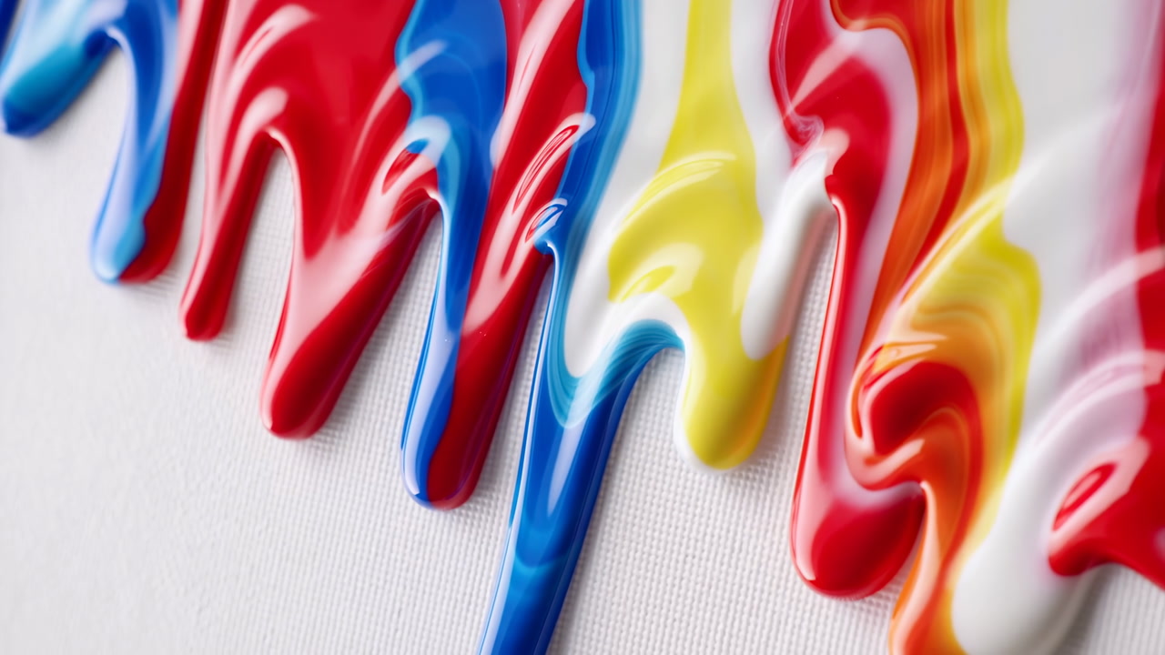 Vibrant Paint Drips On Canvas, Closeup Of Glossy Red Blue Yellow And White Acrylic Flowing In Smooth Viscous