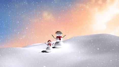 Animation-Von-Schnee,-Der-über-Lächelnde-Schneemänner-In-Einer-Winterlandschaft-Fällt