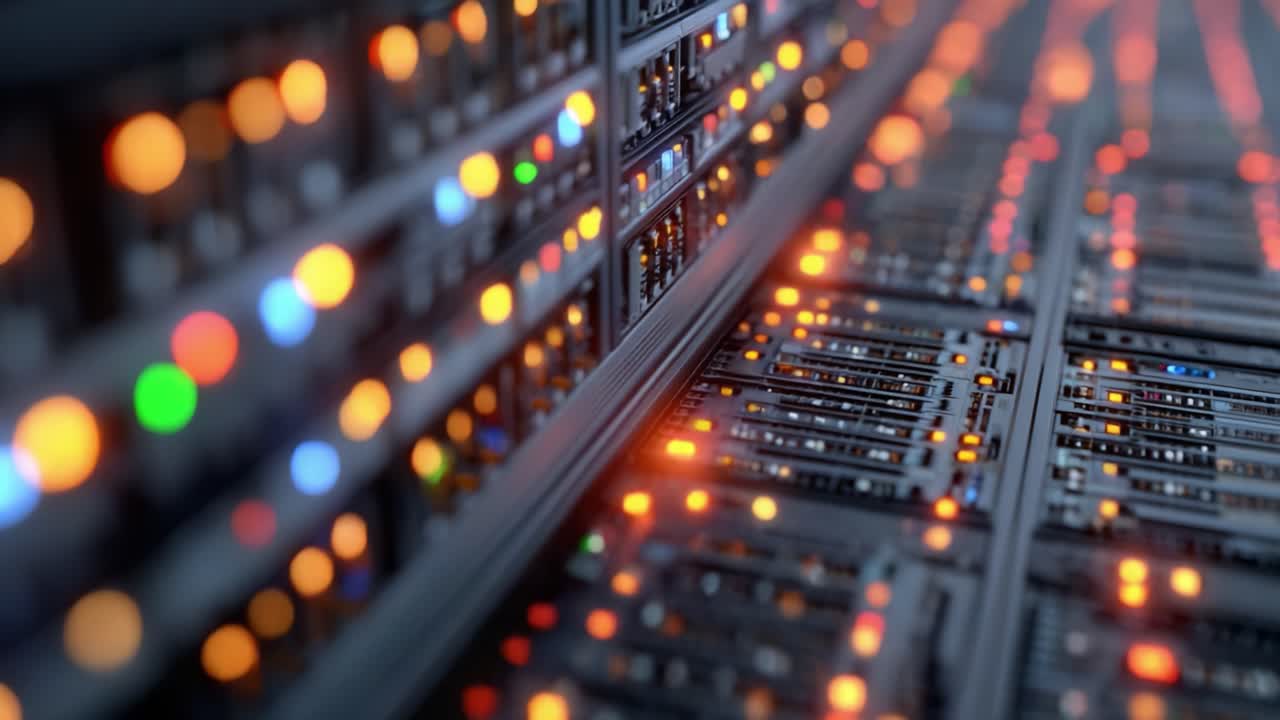 A Stunning Close-Up of a Data Center with Glowing Servers and Dynamic Lights, Illustrating the Heart of Modern Computing and Data Storage Technology