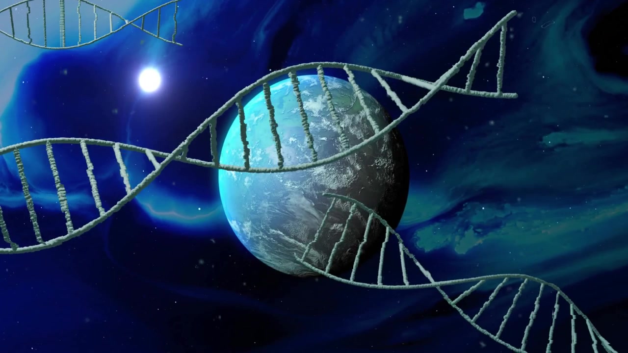 Inizio scena: rendering 3D di un'elica di DNA che fluttua, il secondo filamento si intreccia attorno al pianeta raffigurando la genetica