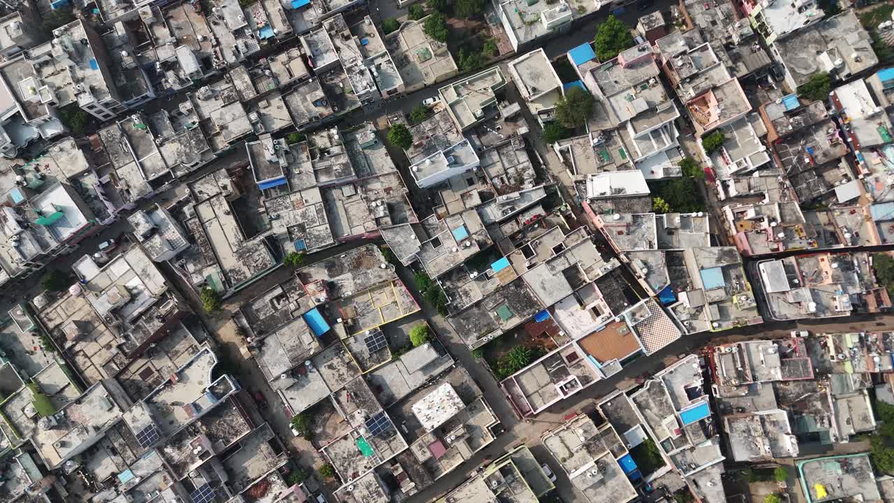 Drone view of Mathura’s landscape with historic temple complexes and tightly packed residential areas, offering a glimpse of its deep-rooted spiritual culture