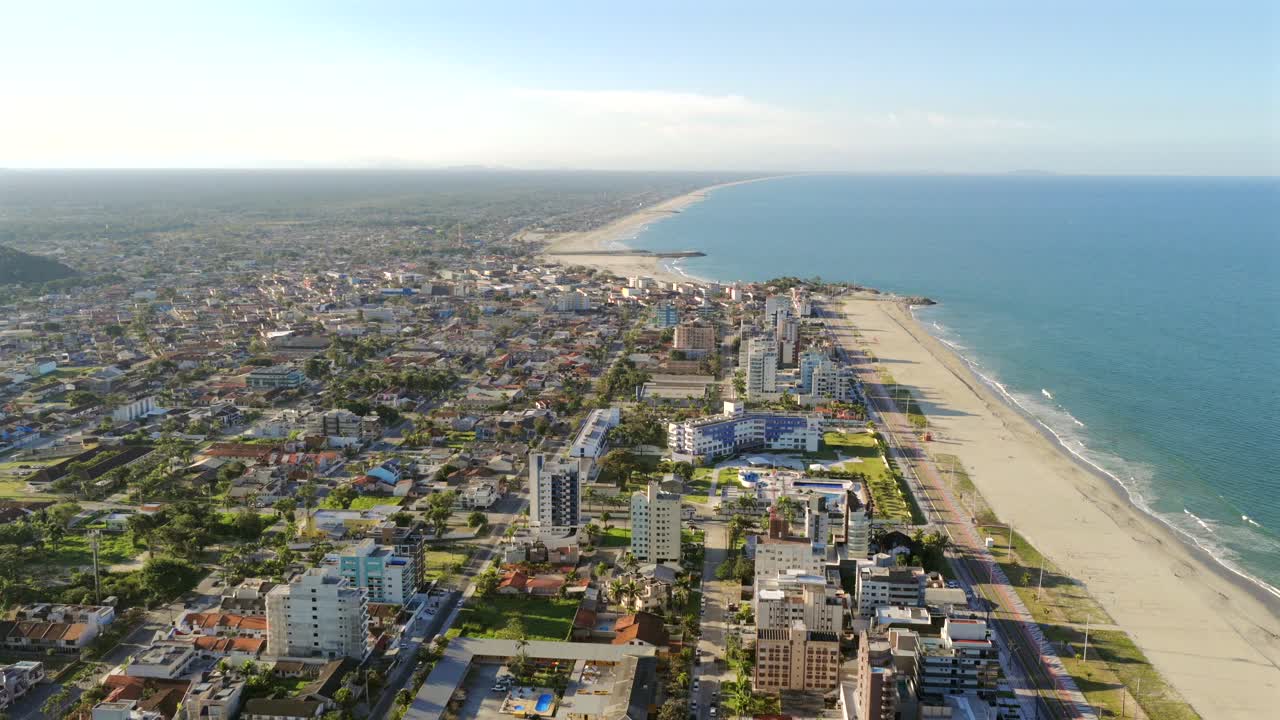 Aerial coastal cityscape from Matinhos municipality at Caiobá beach, Matinhos, Paraná, Brazil