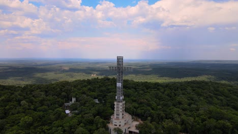 drone shot flying away from the cruz de santa ana in misiones, argentina