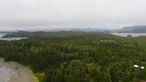 Tofino's-Clayoquot-Sound,-forest-and-beach-from-above