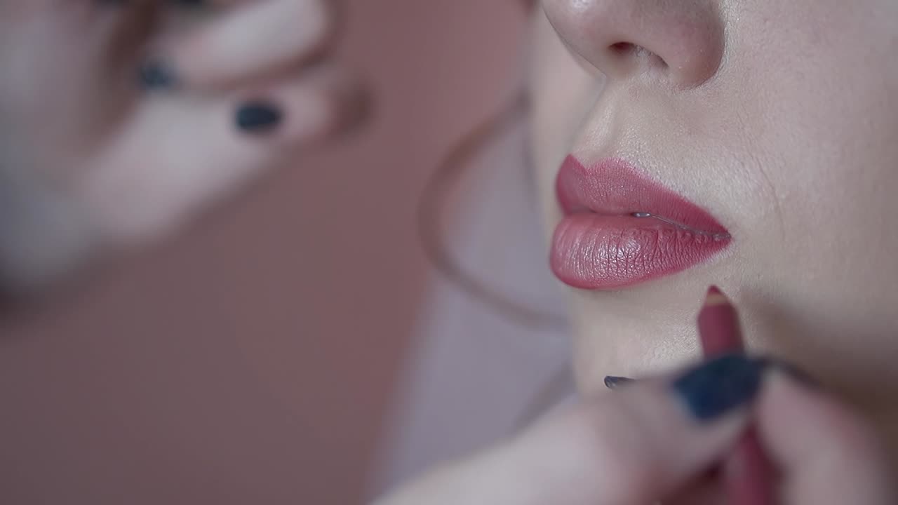 el artista de maquillaje pinta los labios de la novia en primer plano