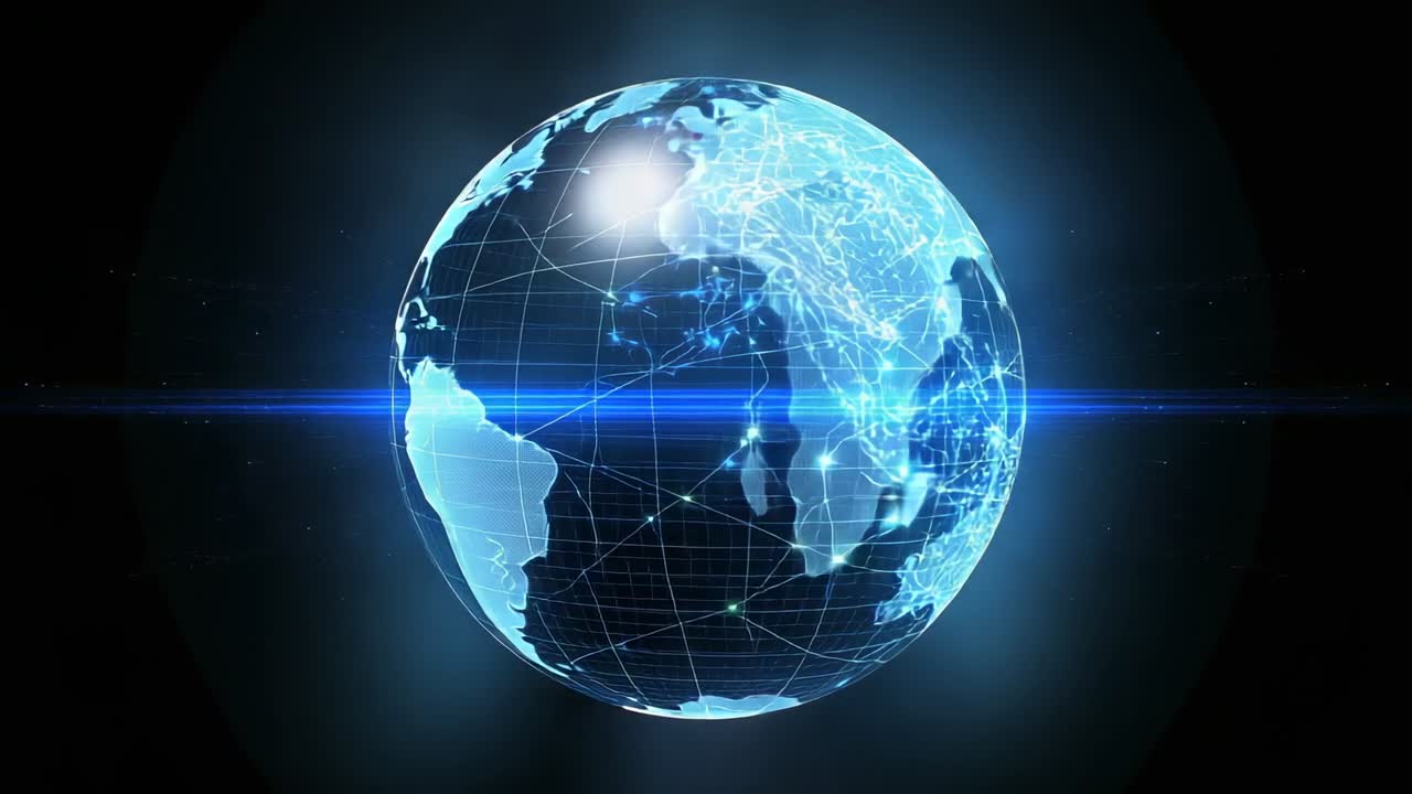 Receiving data digital globe pulsing on dark grid, mapping continents, network lines for monitoring