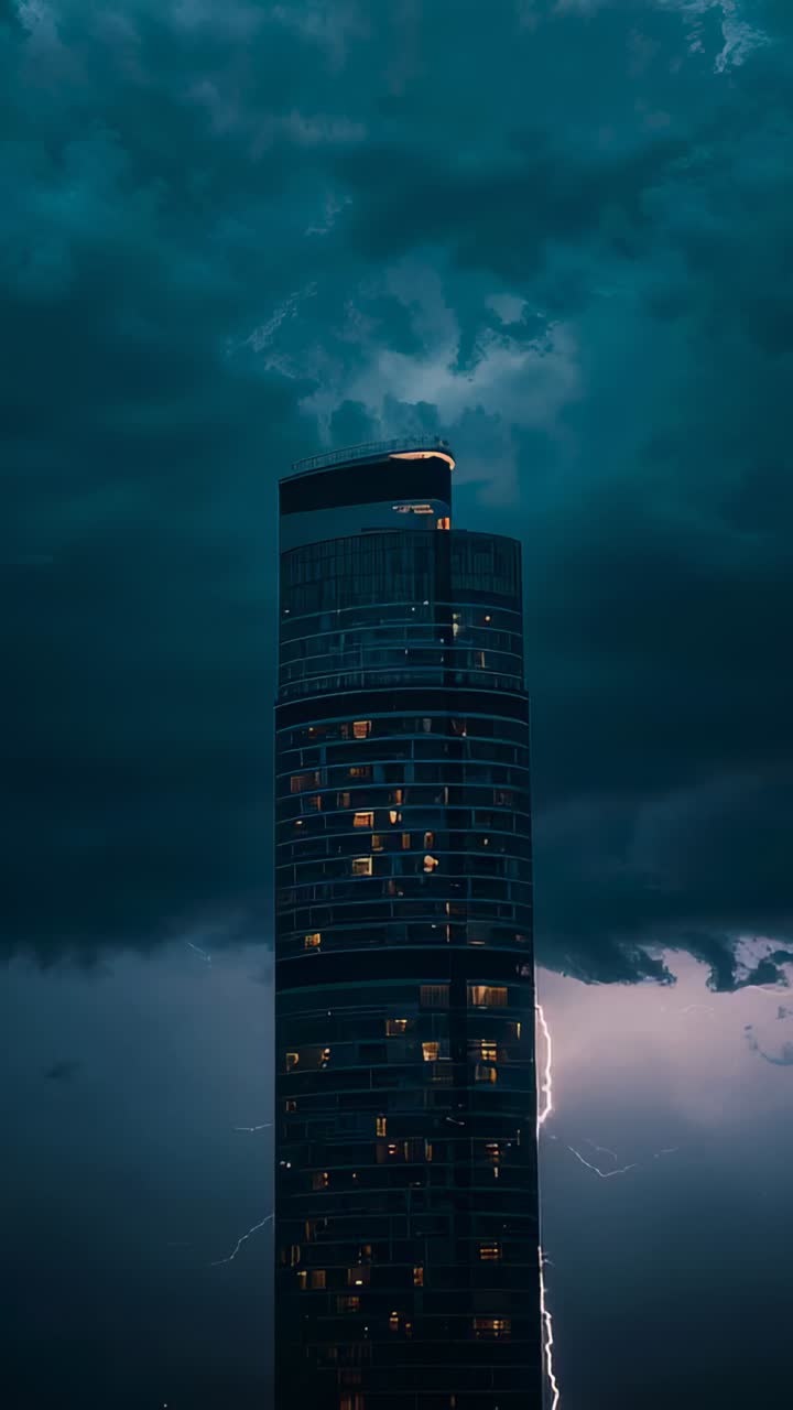 Vertical video: Standing round tower at night with lit windows, roof rail as arc flashing lightning