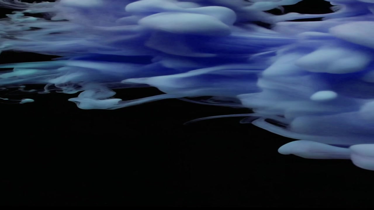Inchiostro blu che turbina e si dissolve nell'acqua su sfondo nero