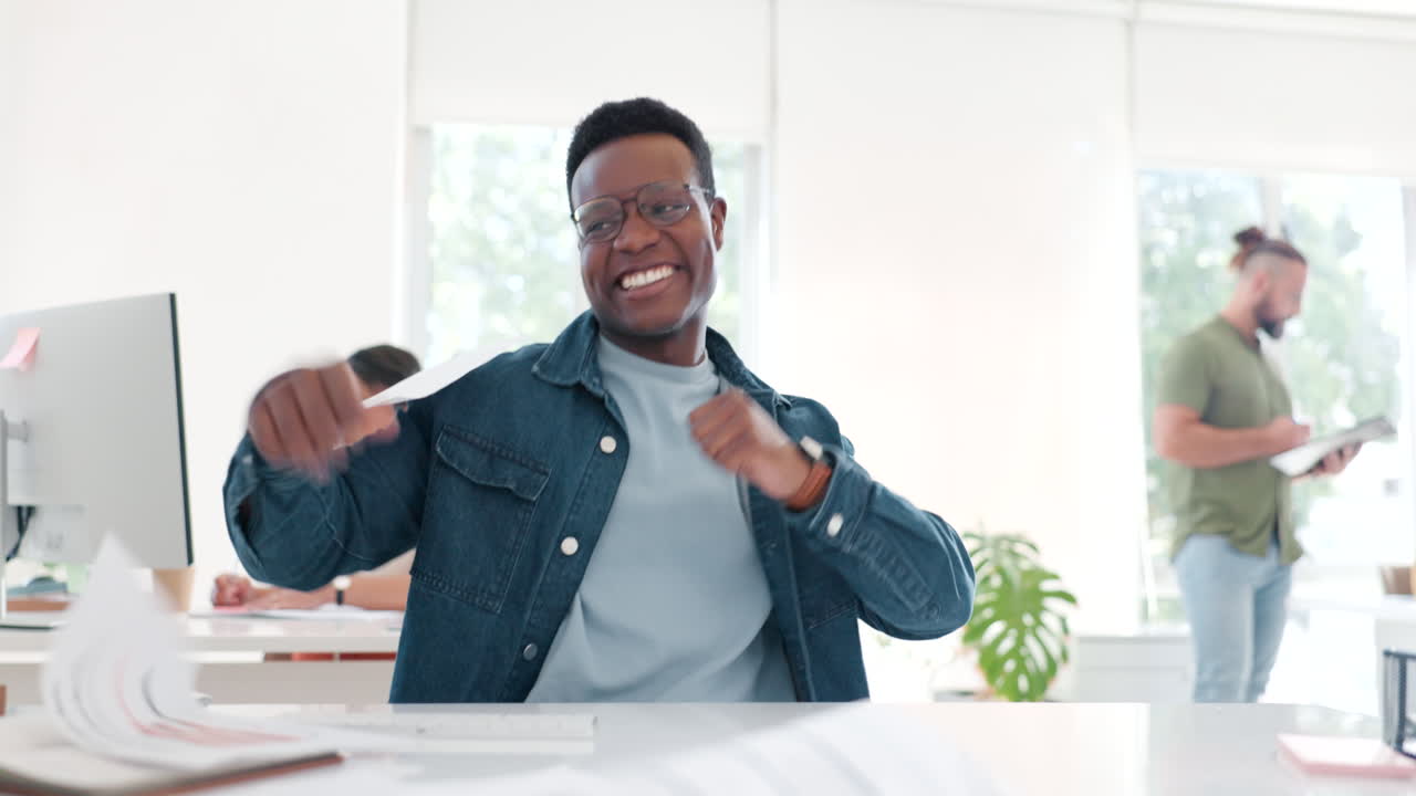 Celebration, dance and black man throw paper
