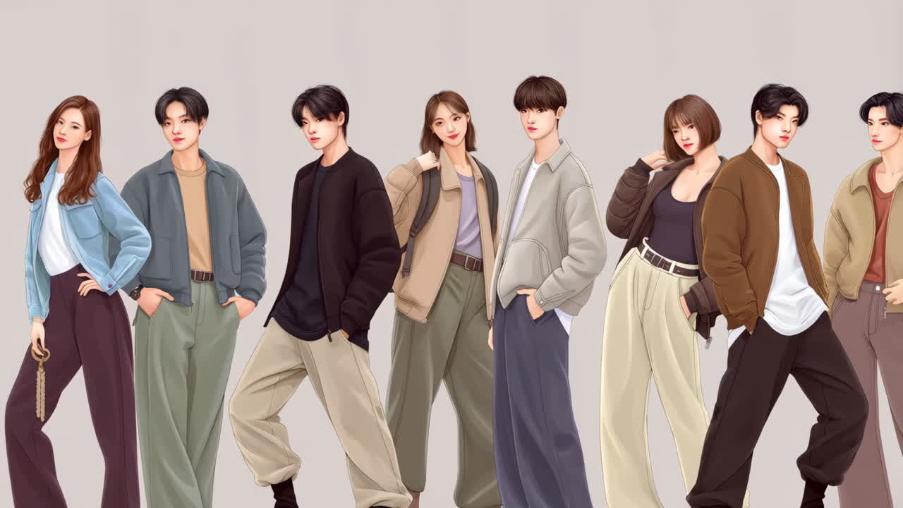 Diverse group of characters showcasing modern casual fashion