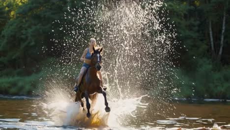 girl riding horse in a river splashing water