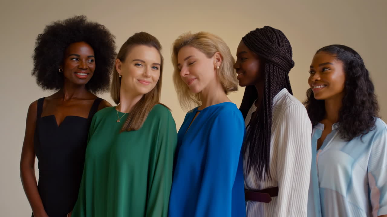 Grupo Diverso de Cinco Mulheres Felizes Sorrindo para a Câmera