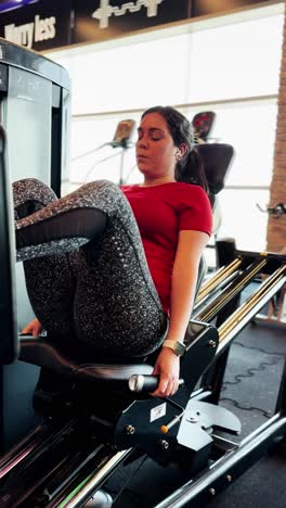 young adult woman doing leg presses at the gym