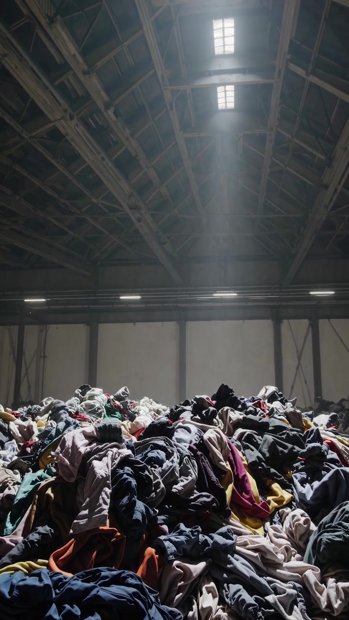 Sunlight Illuminates a Mountain of Discarded Clothes in a Warehouse