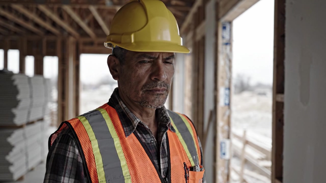 Construction Worker in Safety Gear Observing Site Progress with Focus and Determination, Highlighting Professionalism and Safety in Construction Environment