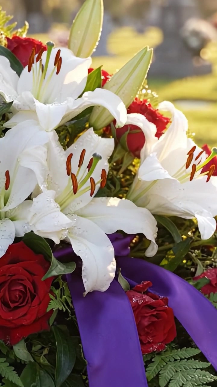 Un'elegante composizione floreale con gigli bianchi e rose rosse accentuata da un nastro viola, ambientata su uno sfondo sereno di cimitero.
