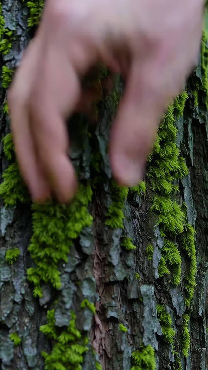 Hand touching moss-covered tree trunk