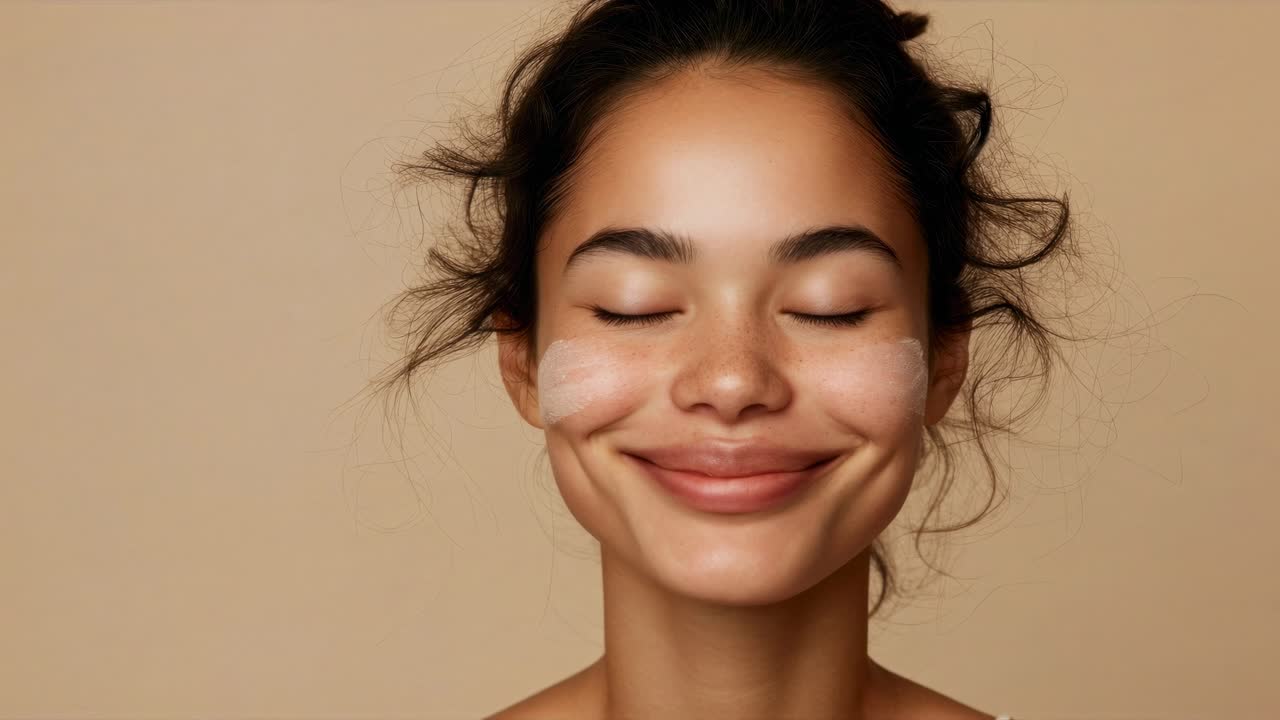 Close-up shot of a smiling woman with cream under her eyes, showcasing skincare routine