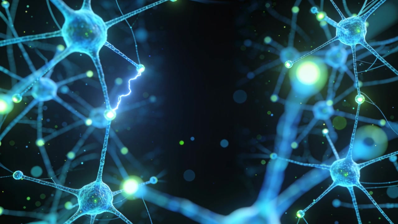Filamenti neuronali blu traslucidi si animano pulsando in un corridoio virtuale, mentre un arco si forma.