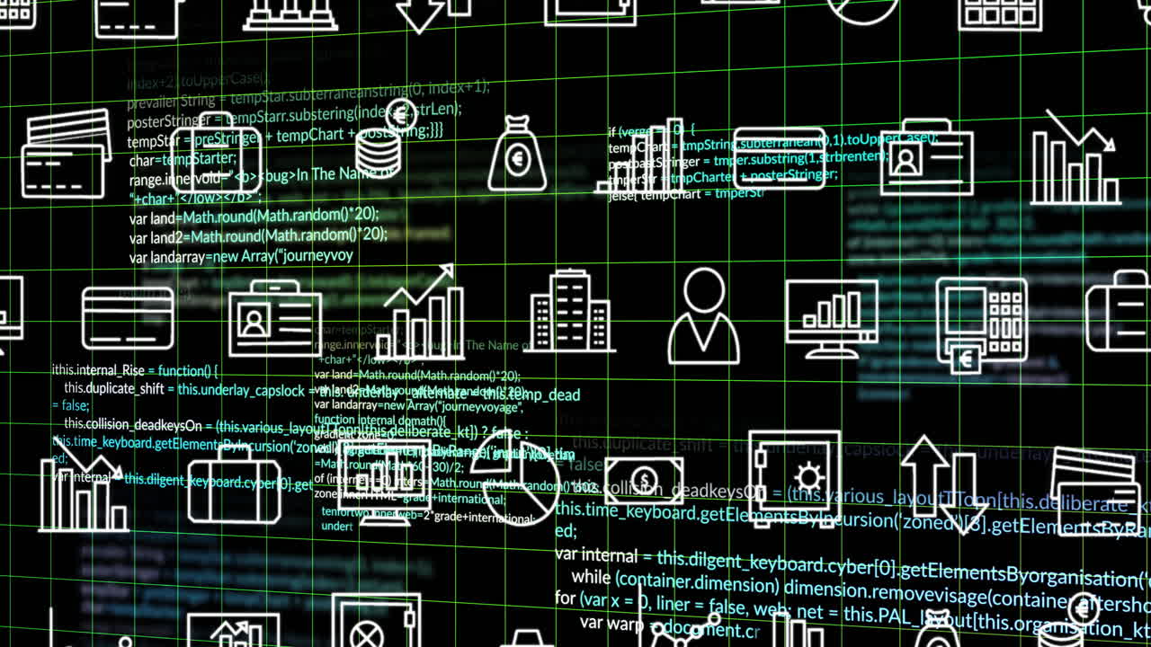 animación de iconos digitales y procesamiento de datos sobre un fondo oscuro