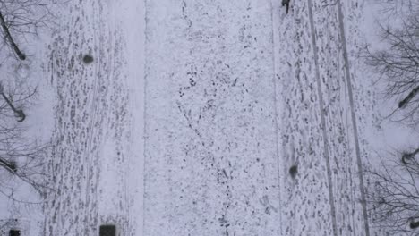 footprints litter a snow covered park path as two people stroll out of the frame, aerial