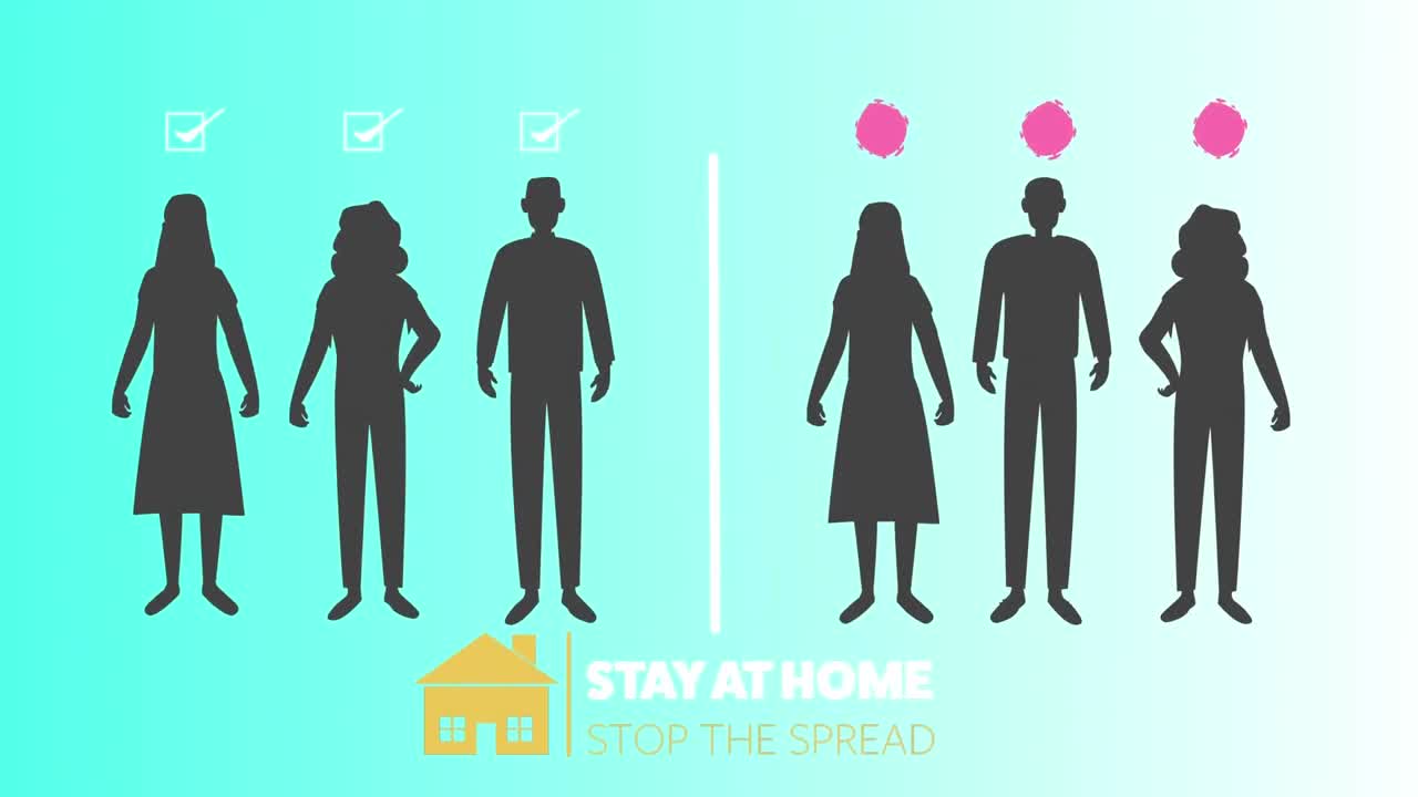 파란색 바탕에 바이러스의 확산을 보여주는 애니메이션 실루 그림