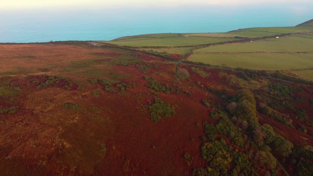 Ampia vista aerea sul paesaggio di Exmoor con campi e il Canale di Bristol (mare) con alberi sparsi e foresta sottostante 4K.