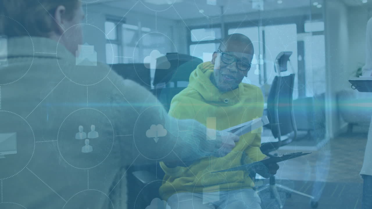 Animation of data processing over african american couple of business people